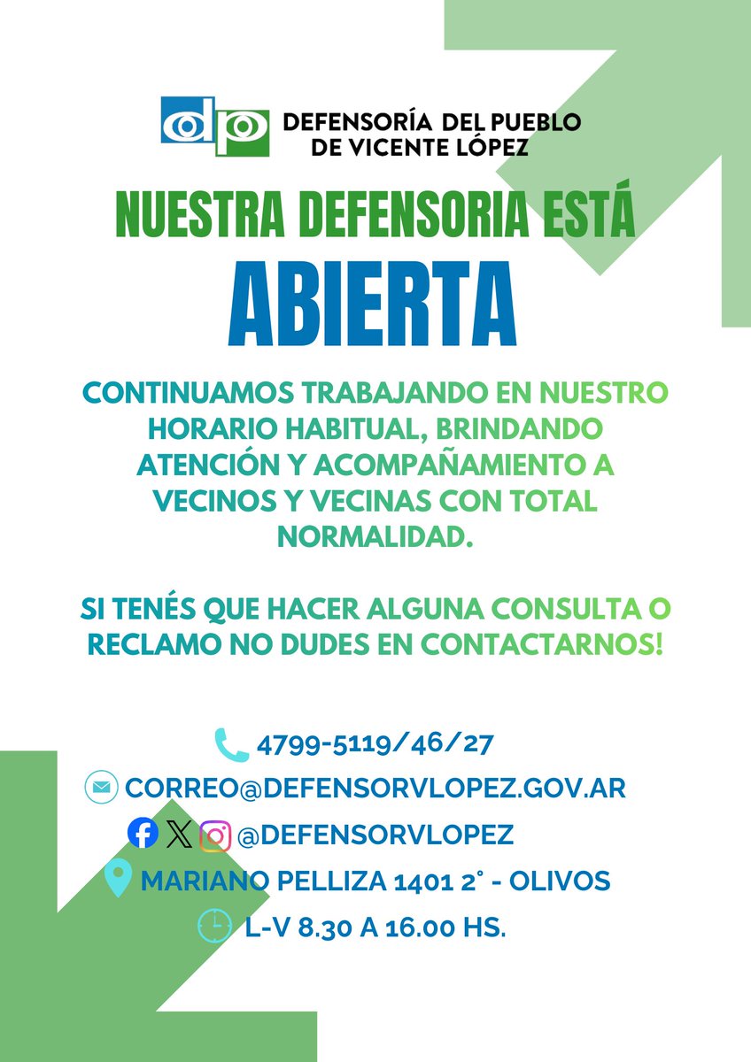 defensorvlopez's tweet image. 👉🏼 Nuestra Defensoría continúa trabajando en su horario habitual. 

Ante cualquier duda o consulta, no dudes en contactarnos:

📩 Email: correo@defensorvlopez.gov.ar
📞 Teléfono: 4799 5119/5127/5146
📲Whatsapp: 11 7115 3748
👥Redes sociales: @defensorvlopez