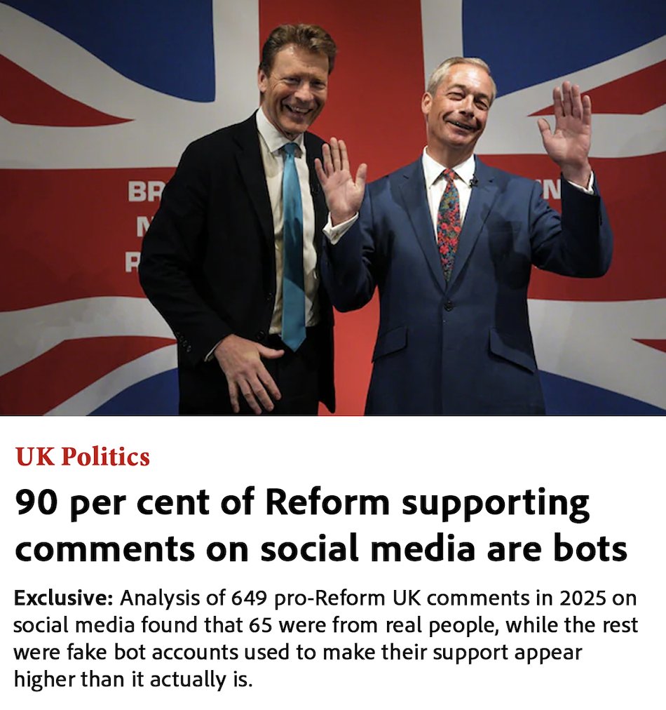 BoveFromAbove's tweet image. Ask yourself why Putin's Russia is sending an army of bots to inflate support for Nigel Farage and Reform?