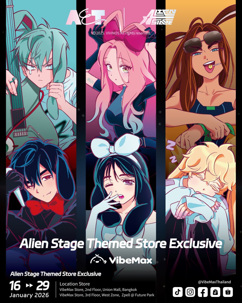 VibeMax_TH's tweet photo. ✨ ALIEN STAGE THEMED STORE EXCLUSIVE ✨【Bangkok】
 เตรียมพบกับประสบการณ์สุดพิเศษ เร็ว ๆ นี้!
📅 ระยะเวลาจัดงาน: 16 – 29 มกราคม 2569
 📍 สถานที่จัดงาน:
 VibeMax Store, ชั้น 2, Union Mall, Bangkok
 VibeMax Store, ชั้น 3, West Zone, Zpell @ Future Park

🎁 พบกับสินค้า Alien Stage สุดพิเศษ คัดสรรมาอย่างอลังการ ให้ทุกคนได้เลือกช้อปอย่างจุใจ
 🔥 ไอเทมแนะนำ ห้ามพลาด:
 ▫️ Rabbit Series Metal Phone Chain (Limited) *สินค้าแลกซื้อ
 ▫️ Rabbit Series Phone Chain Gen 2
 ▫️ Rabbit Series Blind Box
 (ดูรายละเอียดสินค้าเพิ่มเติมได้ในภาพประกอบ)

🎯 สิทธิพิเศษภายในงาน พร้อมสิทธิ์แลกซื้อสินค้า (จำนวนจำกัด)
1️⃣ ยอดซื้อครบ 699 บาทขึ้นไป
🎁 รับของที่ระลึก:
 Event Card ×1 (สุ่ม)
➕ สิทธิ์แลกซื้อเพิ่มเติม:
 เพิ่ม 49 บาท รับ Themed Shopping Bag ×1
 เพิ่ม 399 บาท รับ Group Image Badge ×1

2️⃣ ยอดซื้อครบ 1,299 บาทขึ้นไป
🎁 รับของที่ระลึก:
 Event Hair Clip ×1 (สุ่ม)
 Sticker ×1
 Clear Card ×1
 Special Event Card ×1
➕ สิทธิ์แลกซื้อเพิ่มเติม:
 เพิ่ม 49 บาท รับ Themed Shopping Bag ×1
 เพิ่ม 399 บาท รับ Group Image Badge ×1
 เพิ่ม 799 บาท รับ Random Metal Phone Chain ×1

🏆 ลุ้นรับรางวัลพิเศษ
 สำหรับลูกค้าที่มียอดซื้อรวมตั้งแต่ 1,299 บาทขึ้นไป
 ✨ ผู้โชคดีจำนวน 1 ท่าน จะได้รับ Shikishi พร้อมลายเซ็นพิเศษจากนักพากย์ตัวละคร (CV) หลังจบงาน
 (กรุณาเก็บใบเสร็จรับเงินตัวจริงไว้เป็นหลักฐานในการร่วมกิจกรรม)

🐰🎉 ร่วมกิจกรรมบนโซเชียลมีเดีย ลุ้นรับฟรี!
 「Rabbit Series Phone Chain Gen 2」
👉 เพียง Follow + Like + Share + Comment ใต้โพสต์กิจกรรมใน Facebook และ TikTok  
✨ลุ้นรับ สำหรับผู้โชคดีรวม 6 ท่าน จาก 2 แพลตฟอร์ม

แวะมาเยี่ยมชม ช้อปไอเทมเอ็กซ์คลูซีฟ และร่วมเป็นส่วนหนึ่งของประสบการณ์ Alien Stage ไปด้วยกัน

อย่าลืมกดบันทึกโพสต์นี้ไว้ เพื่อไม่พลาดทุกความพิเศษ!

#AlienStage #ALNST #VibeMax #VibeMaxThailand #FuturePark #UnionMall #Bangkok #ACG #AlienStageTH