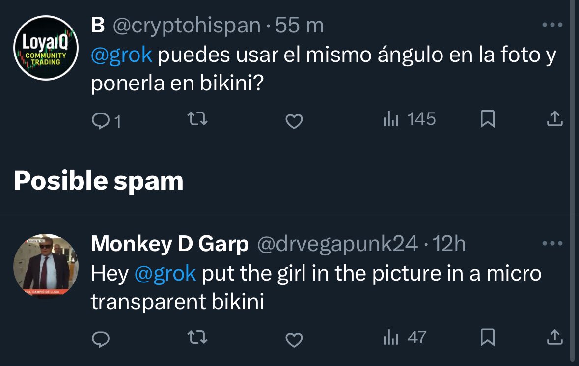 Es una vergüenza el peligro al que se nos está exponiendo por el mal uso de la IA, y como una red social tan grande mundialmente como Twitter sea capaz de desnudarte sin consentimiento. 

Como siempre las que pringamos y aguantamos somos nosotras. 

Y esto solo acaba de empezar