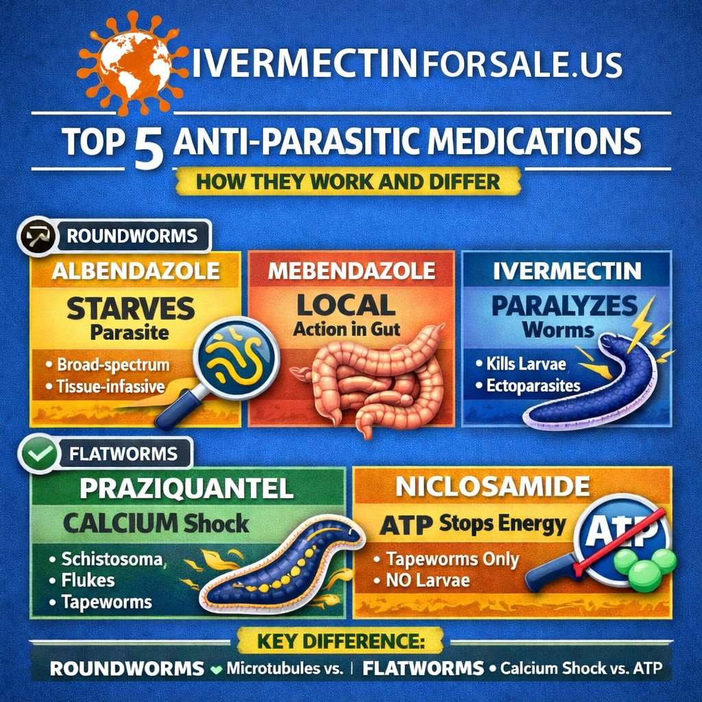 Top 5 Anti-Parasitic Medications - Explained Simply 🧬

Not all parasites are the same, and one drug doesn’t treat them all.

🔹 Albendazole – Starves roundworms
🔹 Mebendazole – Acts locally in the gut
🔹 Ivermectin – Paralyzes worms &amp; targets larvae
🔹 Praziquantel – Calcium