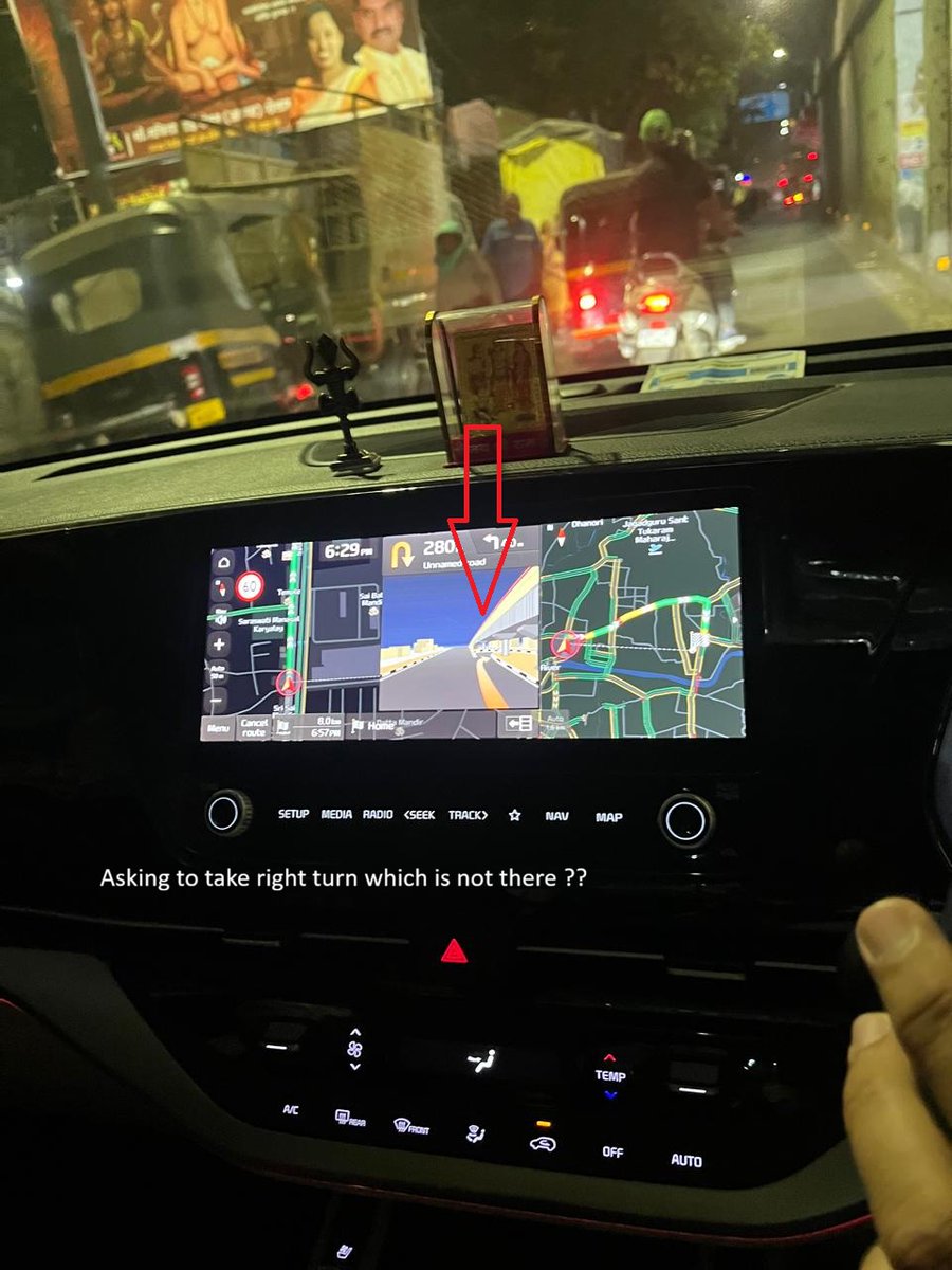 sdubey's tweet photo. @KiaInd Why and what did you update in navigation. Now it is suggesting to go to BRTS lane which is totally wrong. Is this what we should expect in top version of the vehicle ? I have no option but to use Google map on phone. Again on top version Car play is wired ☹️☹️☹️☹️☹️😭😭 https://t.co/d3kHkOJ812
