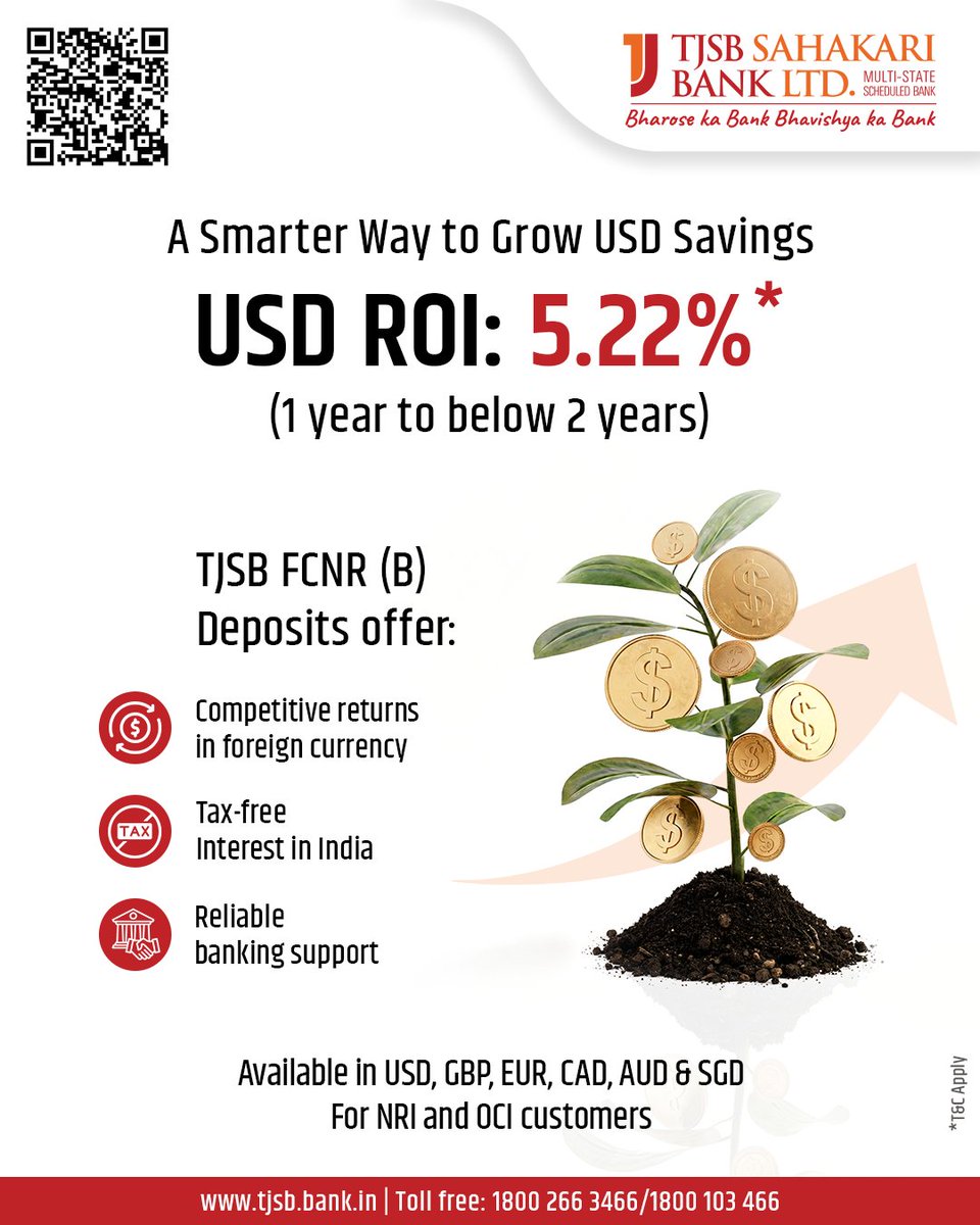 Invest your foreign earnings in TJSB FCNR (B) Deposits. Designed for NRIs  and OCIs, these deposits offer attractive USD interest rates.T&C Apply.  Apply now: https://t.co/uHc46aiGKD #TJSBBank #BharoseKaBankBhavishyaKaBank  #FCNRDeposit ...