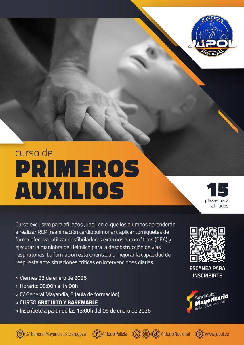 💥CURSO PRIMEROS AUXILIOS💥

🤩15 plazas GRATUITAS para AFILIADOS

📈BAREMABLE

🗓️23 de enero de 08:00 a 14:00

✍️Inscripciones a partir de las 13:00h del 5 de enero en el enlace: form.jotform.com/jupolnacional/…

😉Afíliate AQUÍ al Sindicato Mayoritario: gesid.info/jupol-afiliate