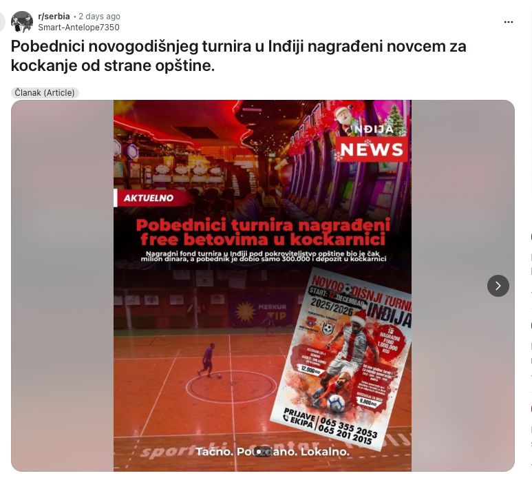 Ovo ne možeš ni da izmisliš.
Opština Inđija je organizovala turnir, a pobednicima je nagradu isplatila u vidu  KREDITA ZA KLAĐENJE U KLADIONICI