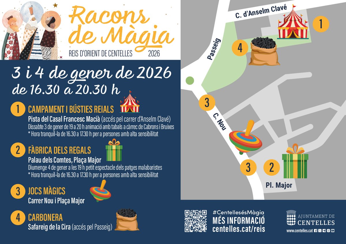 👑 Vine a viure els Racons de Màgia dels Reis d’Orient a Centelles!
📅 3 i 4 de gener
🕑 De 16.30 a 20.30 h
👉 centelles.cat/reis
#CentellesésMàgia