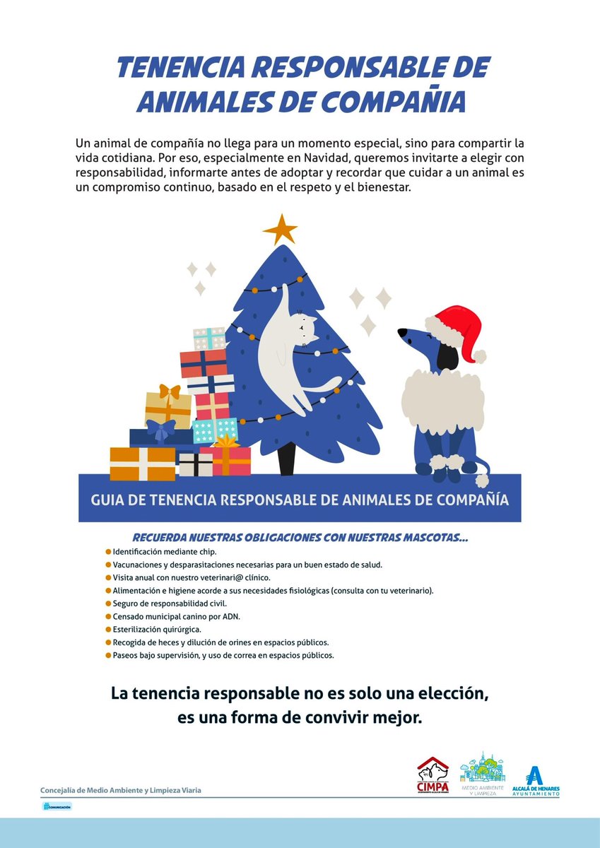 MEDIO AMBIENTE |
🐶🐱 El Ayuntamiento de Alcalá de Henares, a través de la Concejalía de Medio Ambiente, recuerda la importancia de la tenencia responsable de animales de compañía, especialmente en una época en la que aumenta la incorporación de nuevos animales a los hogares.

🗣️