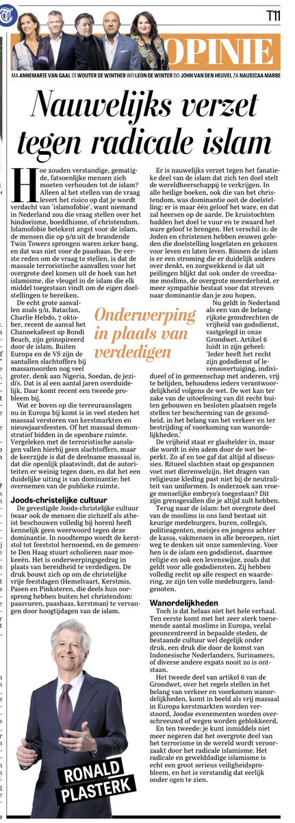 Een geweldige column van <a href="/RPlasterk/">Ronald Plasterk</a> Dankzij linkse partijen en een laffe wegkijkende meerderheid neemt de dominantie van islamisme met de dag toe. Verzet daartegen moet luid klinken te beginnen met een absolute stop op immigratie uit moslimlanden.