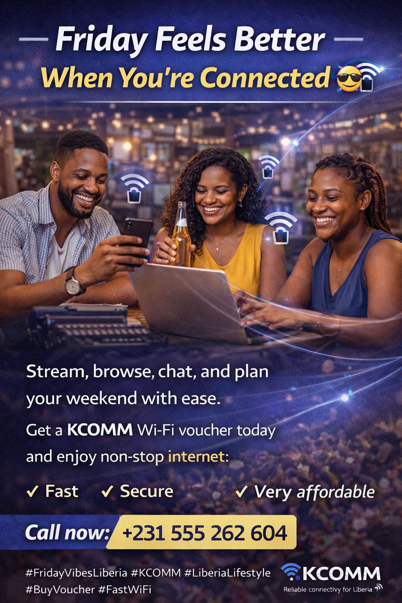 kcomm4499's tweet image. Friday Feels Better When You’re Connected 😎📶

Stream, browse, chat, and plan your weekend with ease.
Get a KCOMM Wi-Fi voucher today and enjoy non-stop internet.
💙 Fast
🔐 Secure
💰 Very affordable

📞 +231 555 262 604
#FridayVibesLiberia #KCOMM #LiberiaLifestyle #FastWiFi