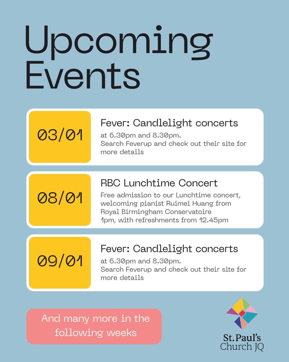 StPaulsChurchJQ's tweet image. 2026 is shaping up to be a great, and busy, year at St Paul's Church in the JQ.

Here's a sneak peak of the events coming up in the first week...
#newyear #raisetheroof #jewelleryquarter #stpaulssquare