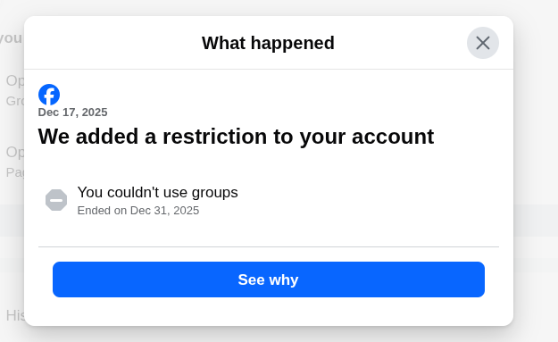 ReePrimeNow's tweet photo. Still seeing the same group restriction banner on Facebook that started on Dec 19, even though it was supposed to expire on Dec 31. It’s Jan 2, 2026, and the issue is still here 😕. When will this get fixed? #FacebookBug #GroupRestriction https://t.co/lSkLXu1OR8
