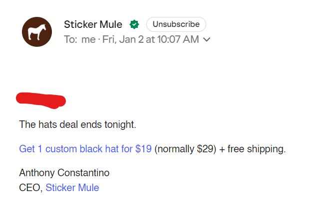 tommybear14's tweet photo. @stickermule Hi stickermule, I got the email that the hat deal is ending tonight, but when I click through the link, there's no deal left? Is it done? https://t.co/s0x2MMF5RP