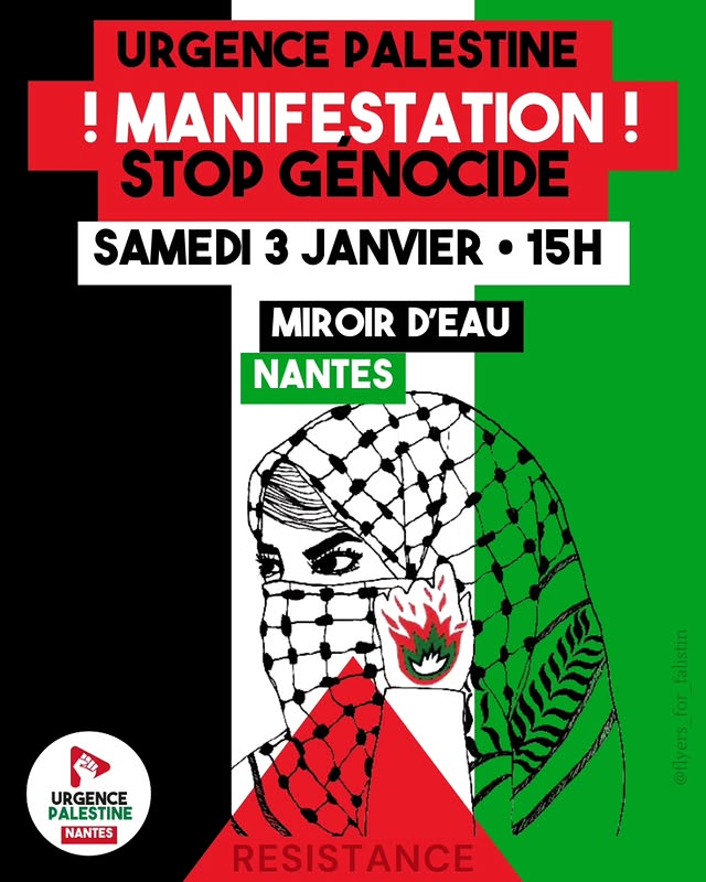 LFI_44's tweet image. Pour que 2026 soit l’année de la fin des génocides et de la libération des peuples, nous soutenons la mobilisation organisée par Urgence Palestine.

📍Demain samedi 03/01 - 15h
📍Miroir d’eau - Nantes

Venez avec vos drapeaux et keffiehs✊

#StopGenocide #StopColonisation