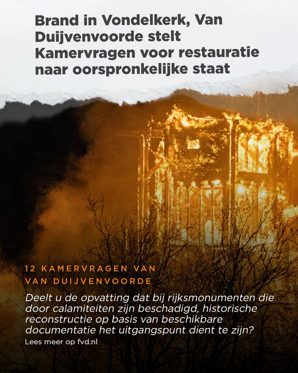 Voor de restauratie van de Vondelkerk is het van groot belang dat dit rijksmonument volledig historisch wordt hersteld. 

Daarom stel ik Kamervragen over het uitgangspunt bij de herbouw en de transparantie van de besluitvorming.

Lees meer: fvd.nl/nieuws/brand-i…