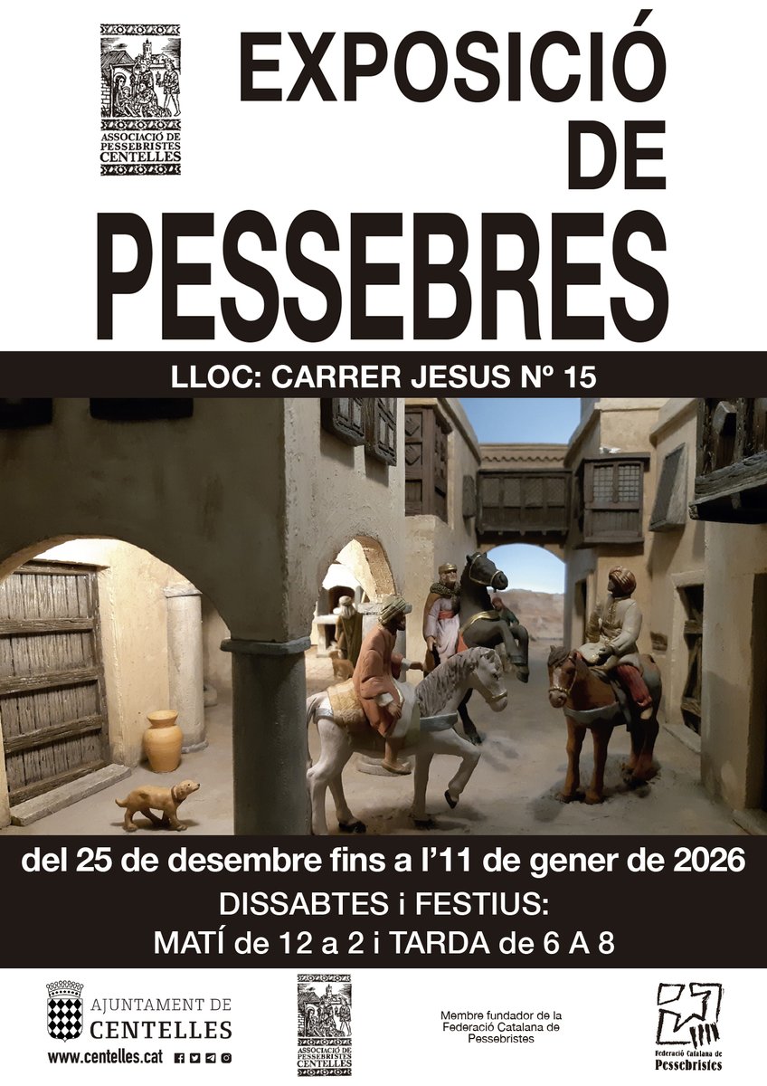 Tradició i cultura del pessebre, en exposició!
📅 Fins l'11 de gener
🕐 Dissabtes i festius de 12 a 14h i de 18 a 20h
📍 C. Jesús, 15