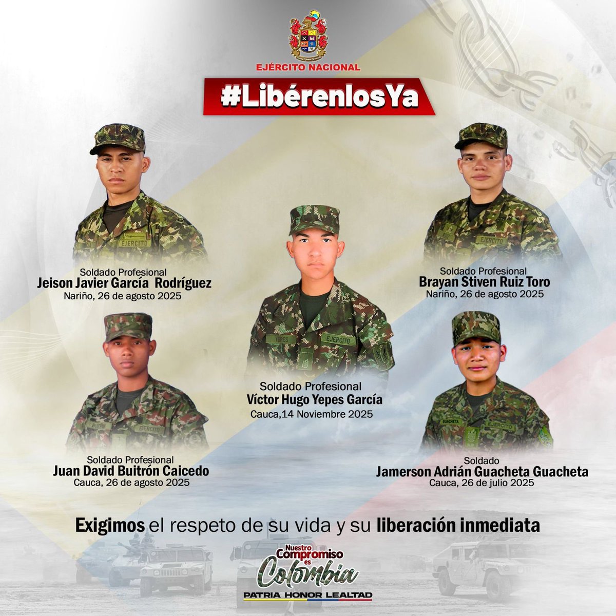 #LibérenlosYa | El secuestro de nuestros cinco soldados de <a href="/Ejercito_Div3/">Tercera División del Ejército Nacional</a> es un acto criminal inaceptable, que seguimos rechazando con vehemencia. 

Su cautiverio, perpetrado por estructuras criminales al servicio de alias Iván Mordisco en #Cauca y #Nariño, vulnera el Derecho