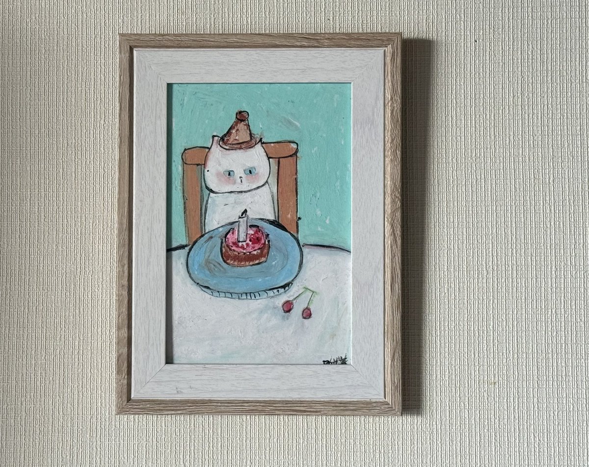 絵画。原画【かわいい白猫の誕生日】 #絵が好きな人と繋がりたい