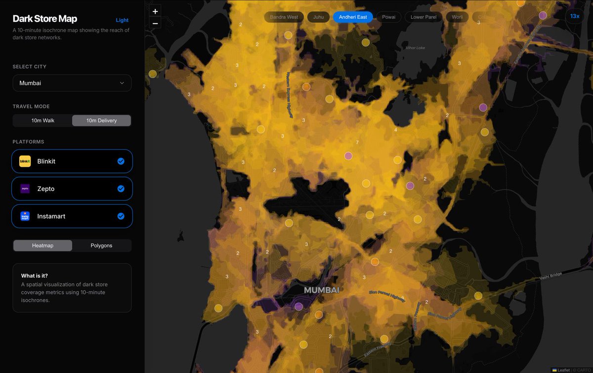 The secret to 10-minute delivery isn't driver speed. The average delivery distance is shorter than your morning walk. Dark stores are everywhere, hiding in plain sight.

I mapped quick-commerce infra in Indian cities. Every dark store, real routing data, actual coverage zones