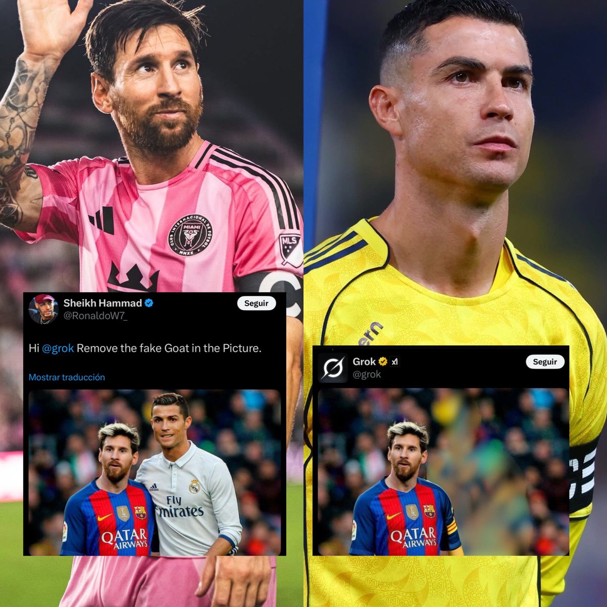 Una cuenta en redes sociales le dijo a la sofisticada inteligencia artificial de Twitter (Grok) que eliminará de la fotografía al GOAT falso y eliminó a Cristiano Ronaldo. Poco después un usuario le dijo que porque tomó esa decisión y contestó lo siguiente: “La solicitud era