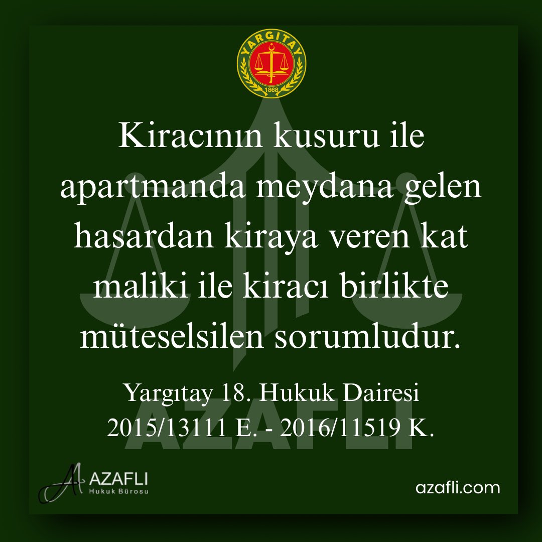 Kiracının kusuru ile apartmanda meydana gelen hasardan kiraya veren kat maliki ile kiracı birlikte müteselsilen sorumludur.

Yargıtay 18. Hukuk Dairesi
2015/13111 E. - 2016/11519 K.
#hukuk #yargıtay #yargıtaykararları #emsal #emsalkarar #güncel #kira #kiracı