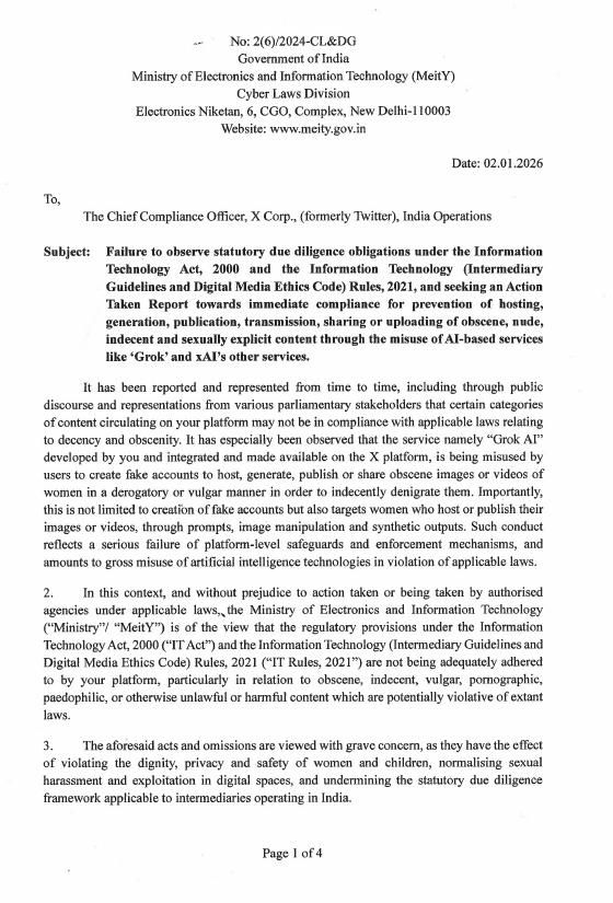 ANI's tweet photo. Ministry of Electronics and Information Technology writes a letter to the Chief Compliance Officer of X Corp. (formerly Twitter) over the failure to observe statutory due diligence obligations under the Information Technology Act, 2000 and the Information Technology (Intermediary Guidelines and Digital Media Ethics Code) Rules, 2021, and seeking an Action Taken Report towards immediate compliance for prevention of hosting, generation, publication, transmission, sharing or uploading of obscene, nude, indecent and sexually explicit content through the misuse of AI-based services like 'Grok' and xAI's other services.