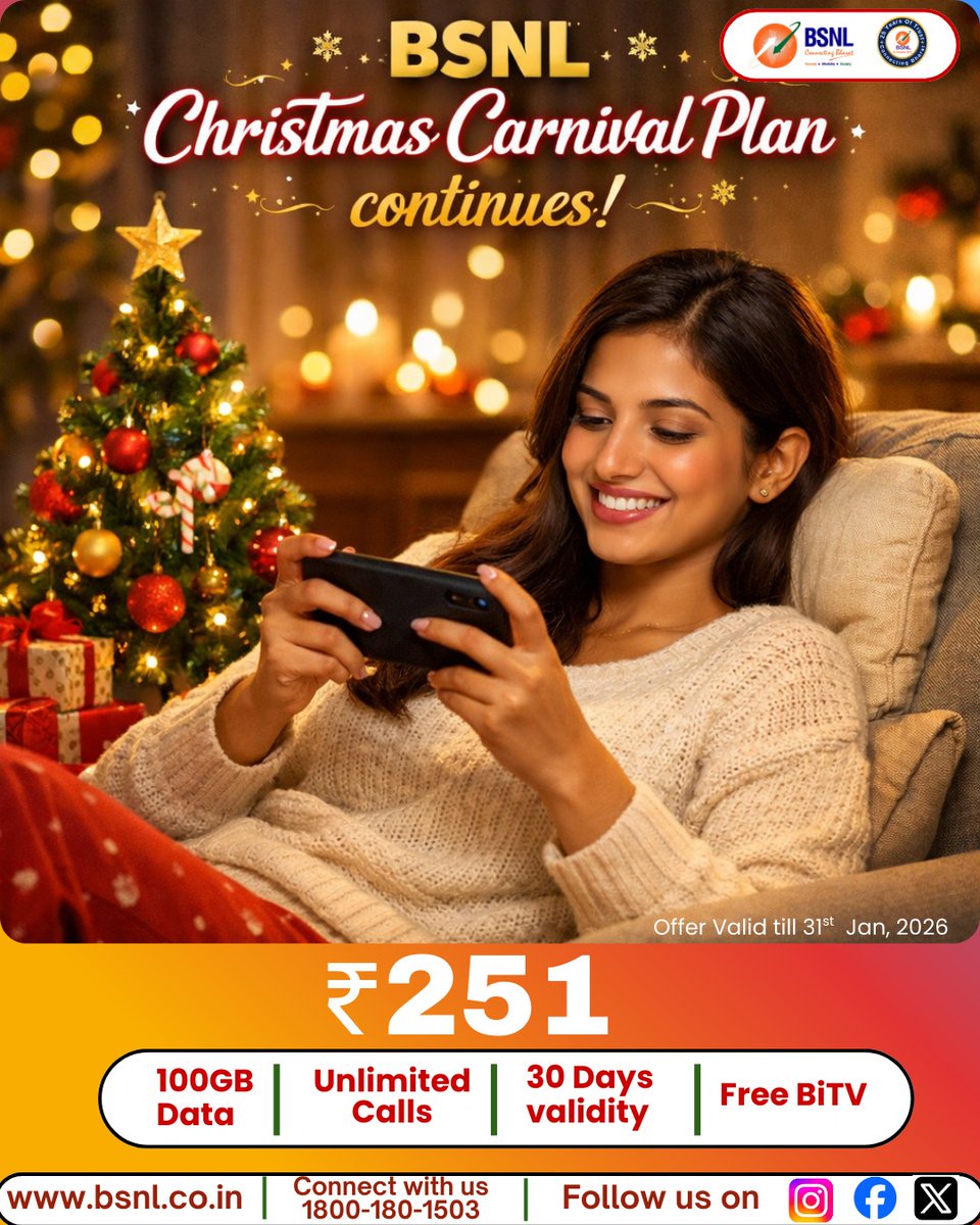 BSNL_CHTD's tweet photo. BSNL Christmas Carnival Plan continues! Enjoy 100GB high-speed data, unlimited calls, free BiTV,entertainment and 30 days validity - all at just ₹251.Recharge smart via #BReX 👉 https://t.co/x42ToKrrpC
#BSNL #ChristmasCarnival #BSNLOffers #BSNLOffer #FreeBiTV #SwadeshiNetwork https://t.co/TtXM6mrcZF