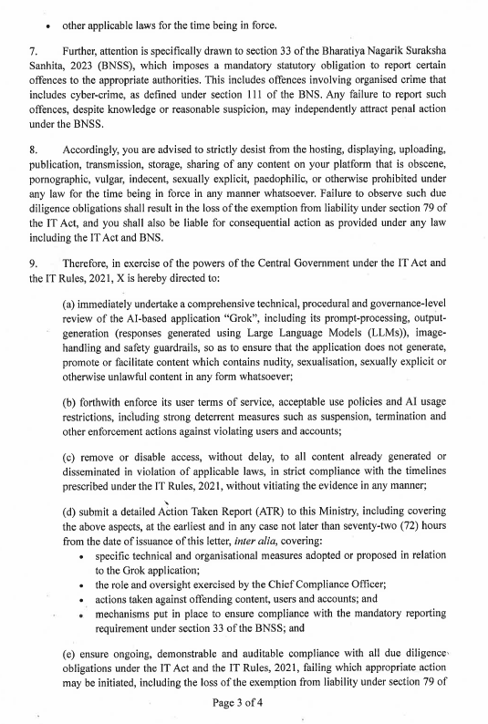ANI's tweet photo. Ministry of Electronics and Information Technology writes a letter to the Chief Compliance Officer of X Corp. (formerly Twitter) over the failure to observe statutory due diligence obligations under the Information Technology Act, 2000 and the Information Technology (Intermediary Guidelines and Digital Media Ethics Code) Rules, 2021, and seeking an Action Taken Report towards immediate compliance for prevention of hosting, generation, publication, transmission, sharing or uploading of obscene, nude, indecent and sexually explicit content through the misuse of AI-based services like 'Grok' and xAI's other services.