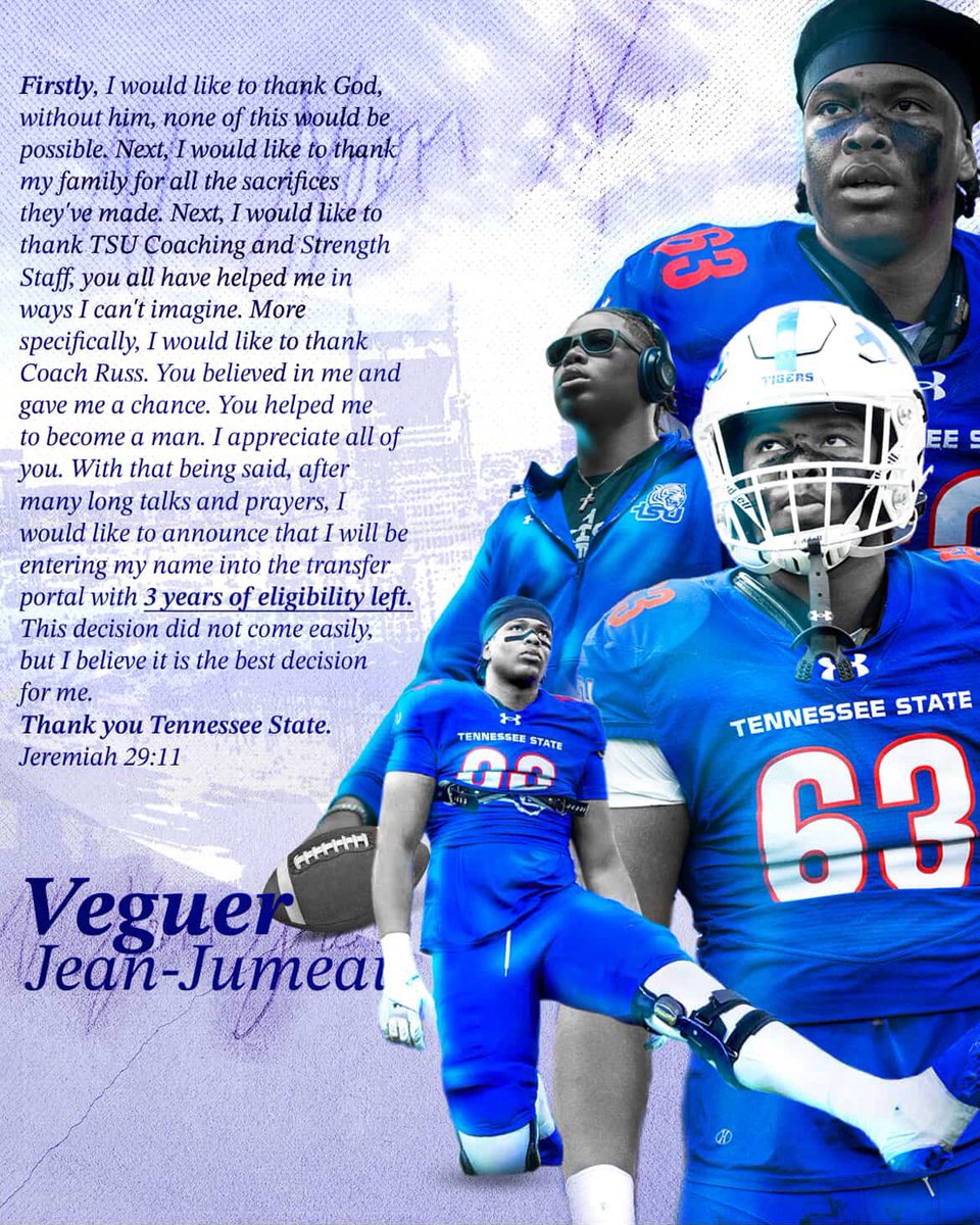 VeguerJean1's tweet image. Officially in the Transfer Portal, Let’s work🚨
6’7 295 FR All-American RT/LT
3 years Remaining
12 game Starter(LT)

@CSing57 for Inquiries