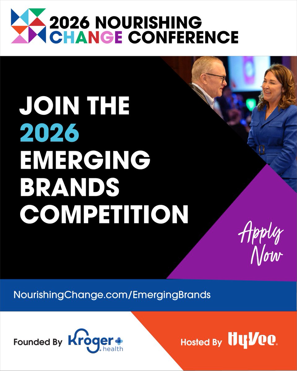 NChangeLive's tweet image. Applications are open for the 2026 Nourishing Change Emerging Brands Competition.

Compete to win retail distribution with Kroger and Hy-Vee.

Connect with retail leaders from across the industry.

Apply: nourishingchange.com/emerging-brands