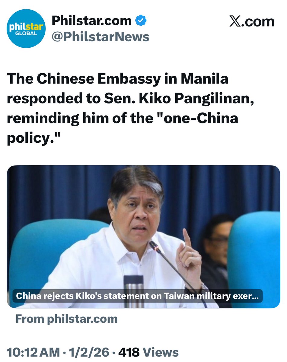 To the Chinese Embassy in Manila: I have no problem respecting and recognizing the One China policy. In return China should respect the Philippines’ 500,000 square kilometers of our EEZ under the UNCLOS by abandoning their RIDICULOUS and ILLEGAL claim of 90 percent of the West