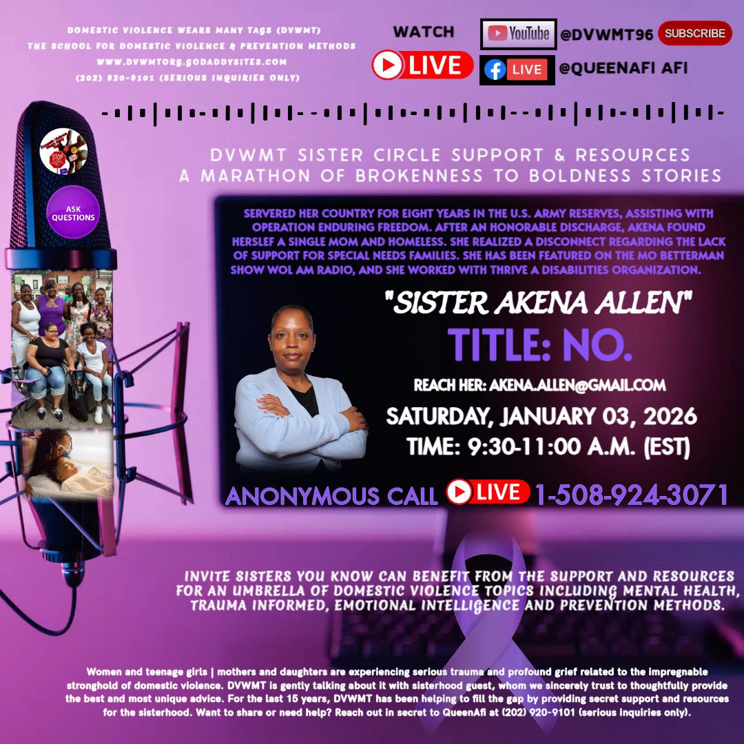 DVWMT MONTHLY SISTER CIRCLE WITH GUEST SURVIVOR DIVA, AKENA ALLEN, AUTHOR &amp; ADVOCATE, AND MORE

HOW DO I BE APART? SET YOUR REMINDERS...
  
DATE: SATURDAY, JANUARY 3, 2026
 
TIME: 9:30-11:30 A.M. (EST)

ANONYMOUS CALL: 1-508-924-3071

WATCH LIVE YOUTUBE: youtube.com/@DVWMT96