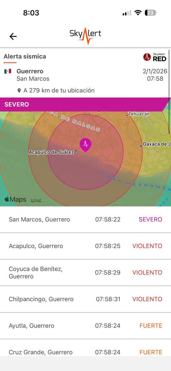 SkyAlertMx's tweet image. Se registró sismo de intensidad "severo" en la zona de #SanMarcos, Guerrero.

Magnitud preliminar 6.8 sujeta a ajustes.