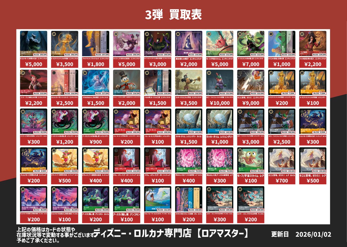 ディズニー・ロルカナ 1弾から4弾の買取表です✨ 本日おひとり様30枚