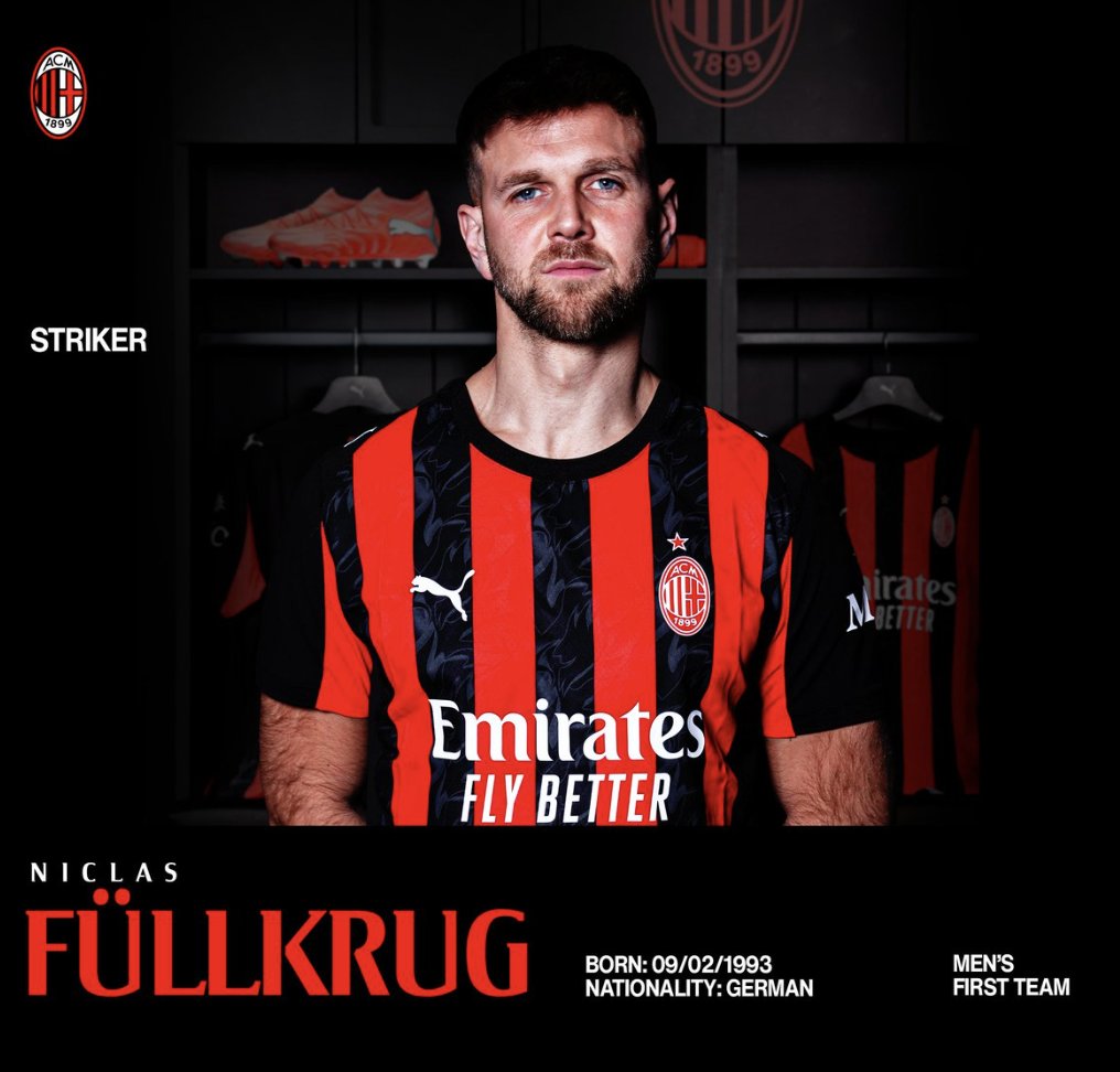 OFICIAL: El Milan se complace en presentar a Niclas Füllkrug como nuevo jugador rossonero. El alemán llega desde el West Ham cedido con opción de compra de unos 12-13M€. Usará el dorsal 9 y podrá debutar hoy contra Cagliari. Tenemos nuevo delantero señoras y señores. 🔥❤️🖤