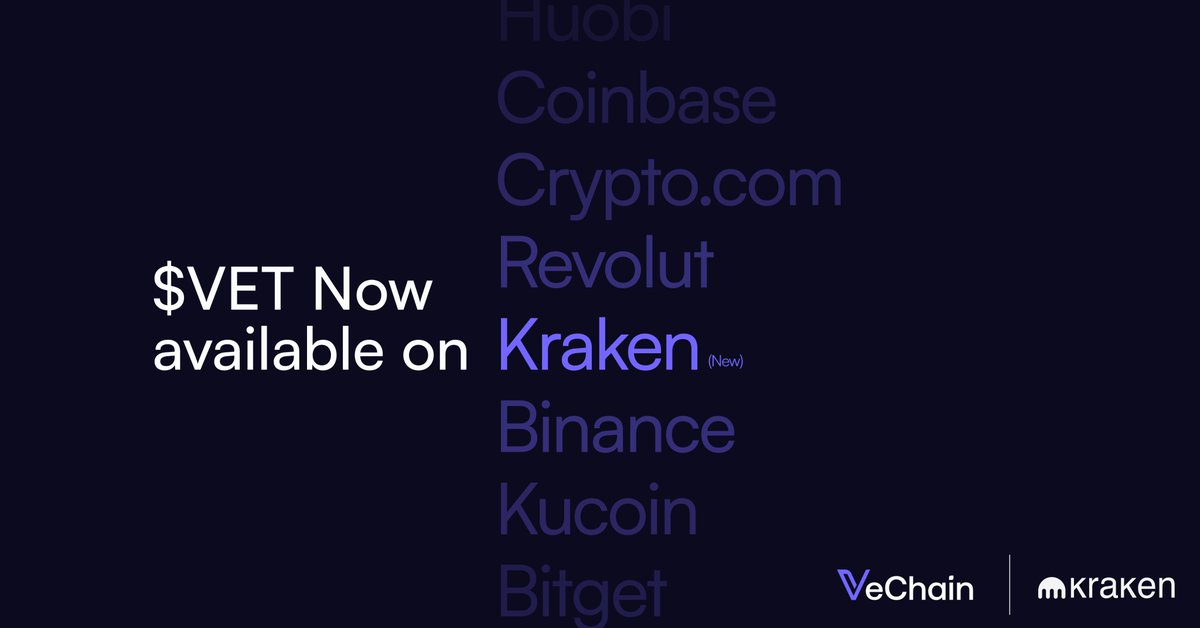vechainofficial's tweet photo. $VET is now available on @krakenfx  

A trusted new gateway into the VeChain ecosystem and our real‑world applications. https://t.co/4QoIAQVedE