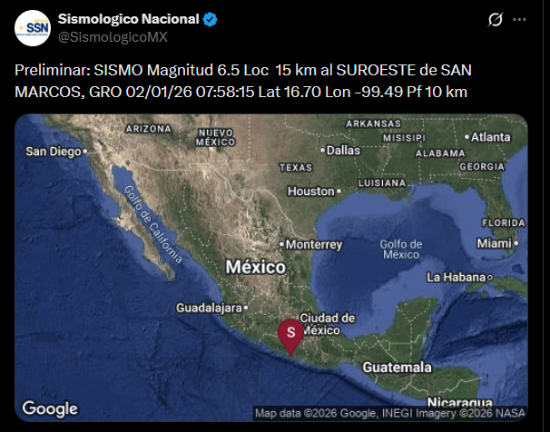 JCarlos_Valerio's tweet photo. #Infórmate || El Servicio Sismológico Nacional reporta sismo Magnitud 6.5, localizado 15 km al Suroeste de San Marcos Guerrero, a las 07:58:15.

Se activó la alerta sísmica. https://t.co/Uc6F6e9LK8