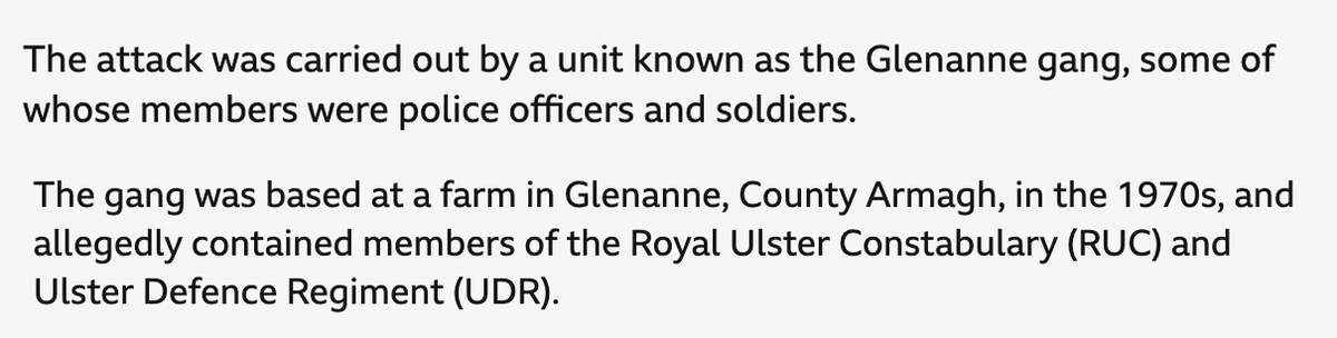 These are two separate paragraphs from the BBC's report today on Eugene Reavey's fight for justice for his brothers, who were killed in a loyalist attack. So were police and soldiers in the gang, or is that just an allegation? <a href="/BBCNews/">BBC News (UK)</a>  <a href="/BBCnireland/">BBC Northern Ireland</a>