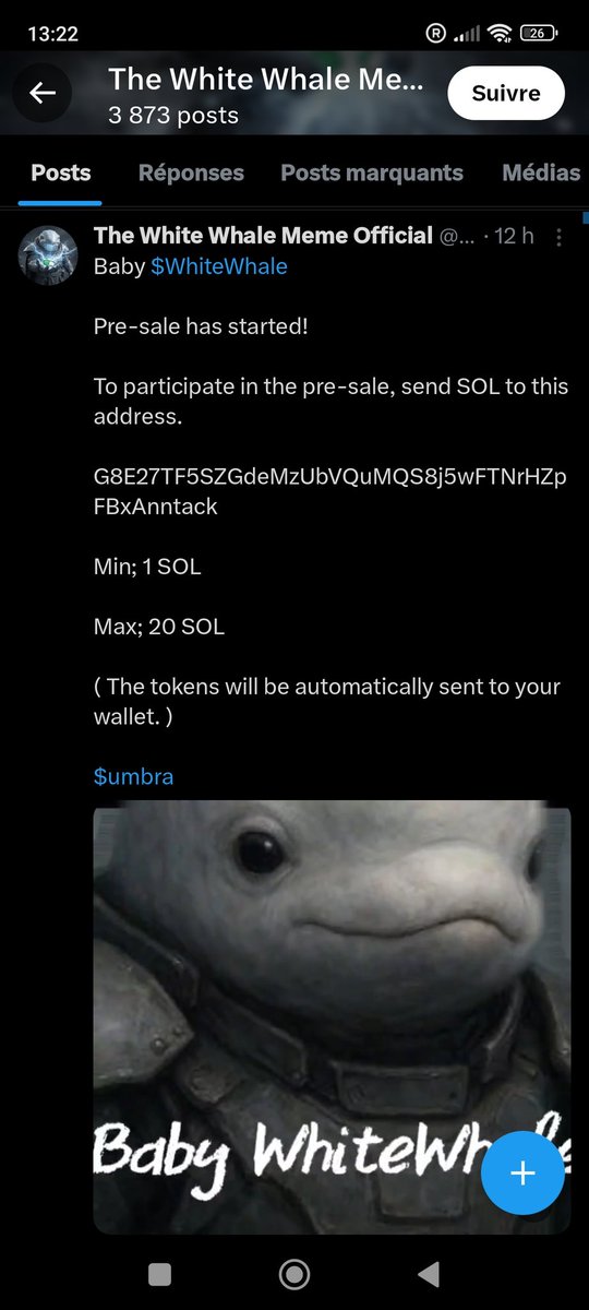 crypto_tonio's tweet photo. Be carefull, @shibonsol0x wrote a ton of post about a presale for baby whitewhale, collected 41 $SOL from presale and then deleted all the post and withdraw the founds (5000$). It's a scamer. https://t.co/CWo114R5kJ