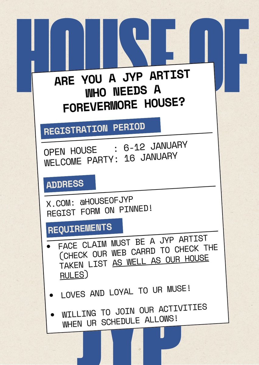 HOUSEOFJYP's tweet image. This is your sign ✨
𝑯𝒐𝒖𝒔𝒆 𝒐𝒇 𝑱𝒀𝑷 𝑶𝒑𝒆𝒏 𝑯𝒐𝒖𝒔𝒆 is coming 🏠
Poster dropped first, registration form will follow.

Keep your eyes open — your forever house might be closer than you think.
