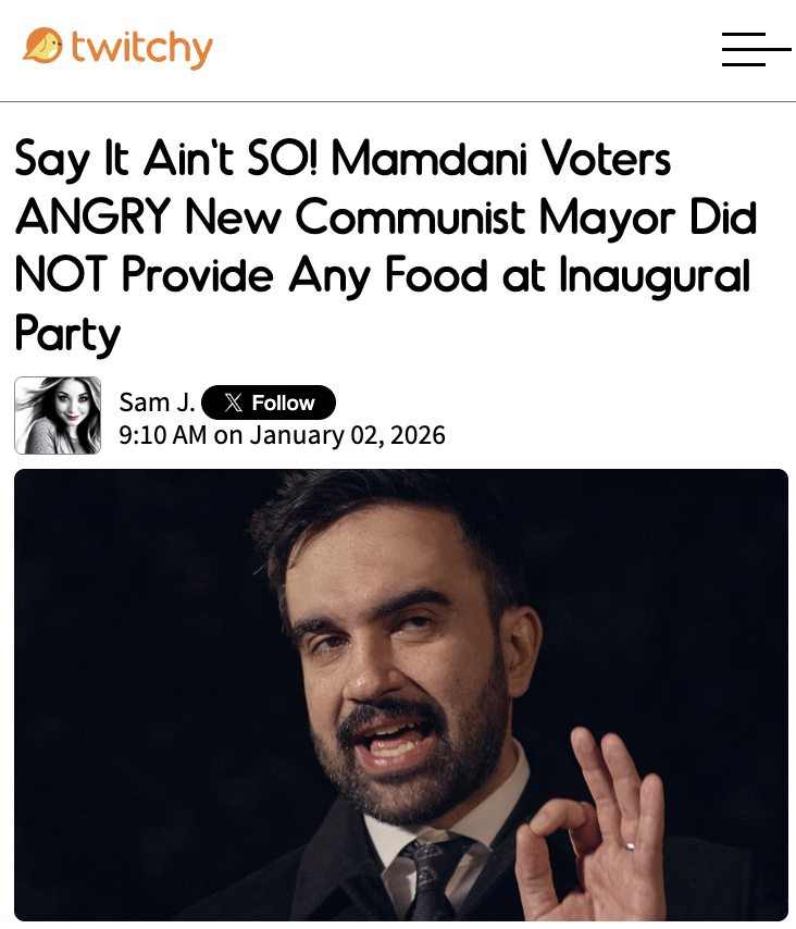 TwitchyTeam's tweet image. The IRONY. They better get used to going hungry ...

Say It Ain't SO! Mamdani Voters ANGRY New Communist Mayor Did NOT Provide Any Food at Inaugural Party

twitchy.com/samj/2026/01/0…