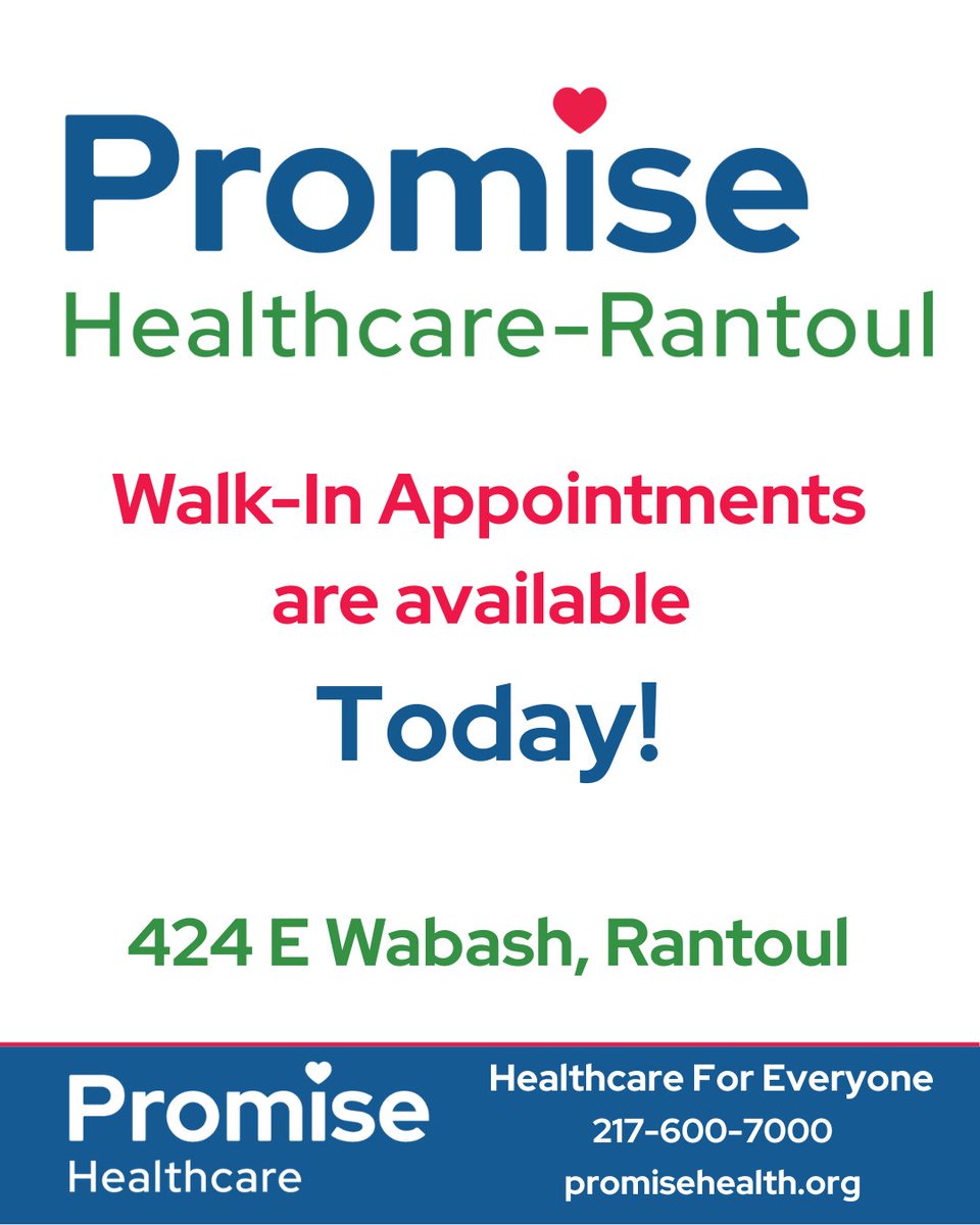 PromiseHealthCU's tweet image. Rantoul Appointments are available today