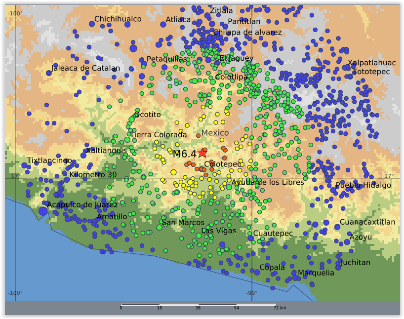QLARM's tweet image. EARTHQUAKE M6.4. Origin Time: 2026-01-02 13:58:18 UTC, Guerrero, Mexico (17.11 ; -99.2099), Depth: 25.0 km, (source(s): GFZ). Estimated fatalities: 0 to 30, injured: 40 to 360. #earthquake #quake