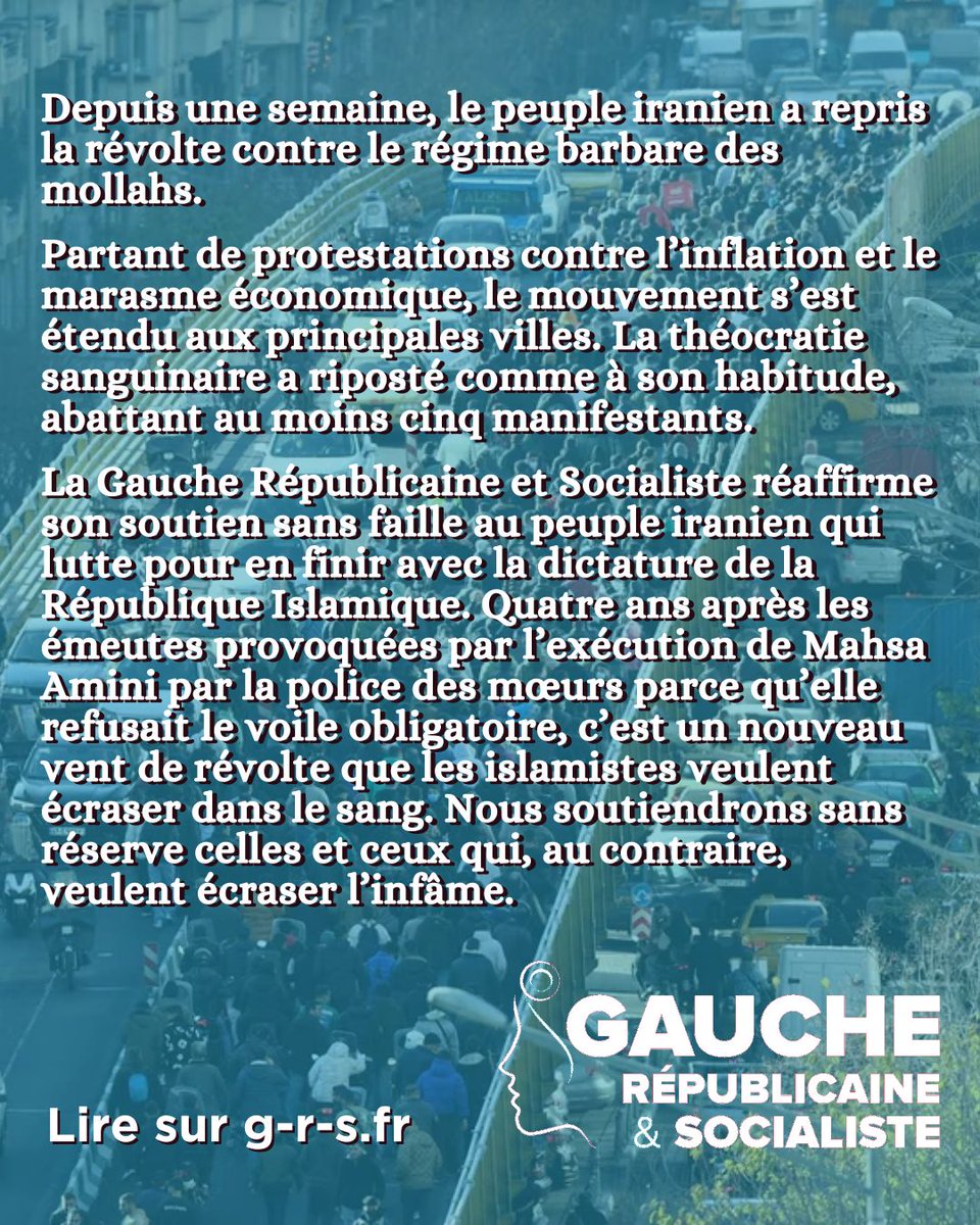 Gauche_RS's tweet image. La GRS réaffirme son soutien aux Iraniens qui luttent pour abattre la dictature et la répression de la République Islamique.
Nous soutiendrons sans réserve celles et ceux qui veulent écraser l’infâme.
👉 g-r-s.fr/soutien-au-peu…
#Iran #IranProtests #démocratie #liberté #islamisme