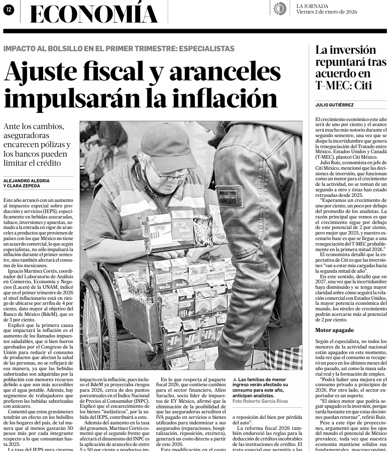 🗳️📌 AJUSTE FISCAL Y ARANCELES IMPULSARÁN INFLACIÓN

Así lo reporta La Jornada.

Y es que este año inició con aumentos al IEPS y nuevos aranceles a importaciones.

Los cambios afectan bebidas azucaradas, tabaco, gasolinas, apuestas y productos importados de países sin tratado