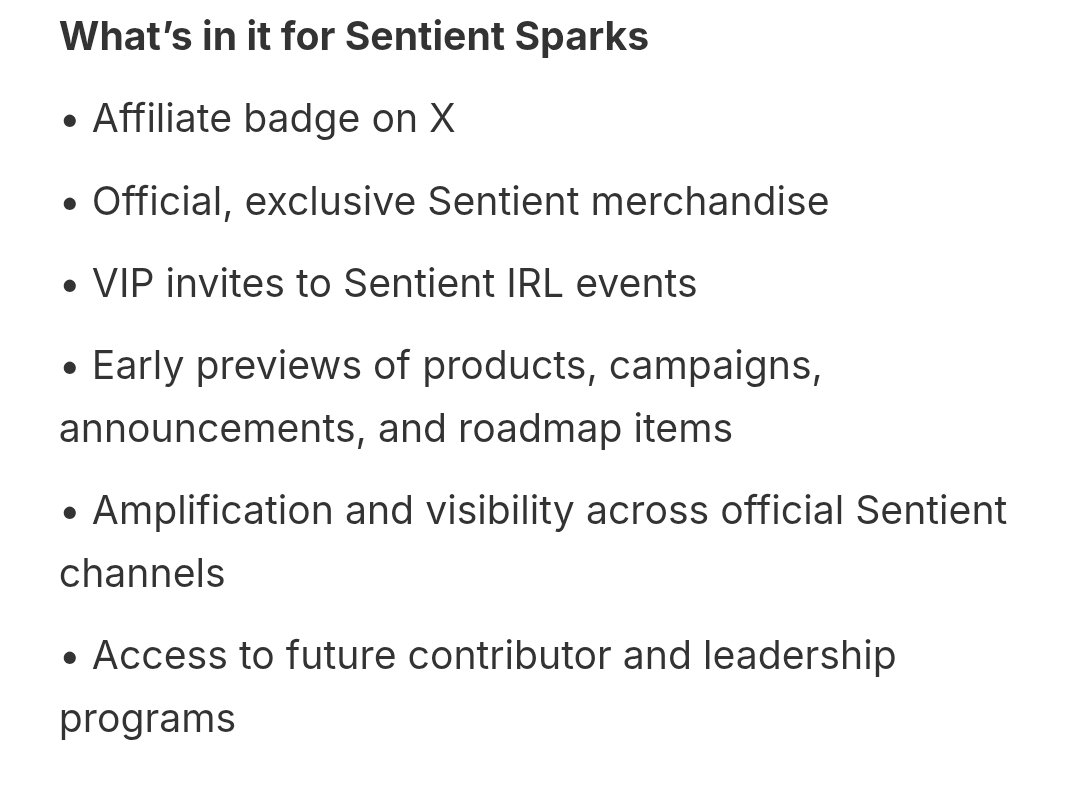 This is really good <a href="/SentientAGI/">Sentient</a> shared alpha today.

Through the “Sentient Spark” program, Sentient is opening a pathway for community leaders, builders, and creators who are ready to take a strategic role in growing <a href="/SentientAGI/">Sentient</a>.

Here are the key points:

• Sentient selects