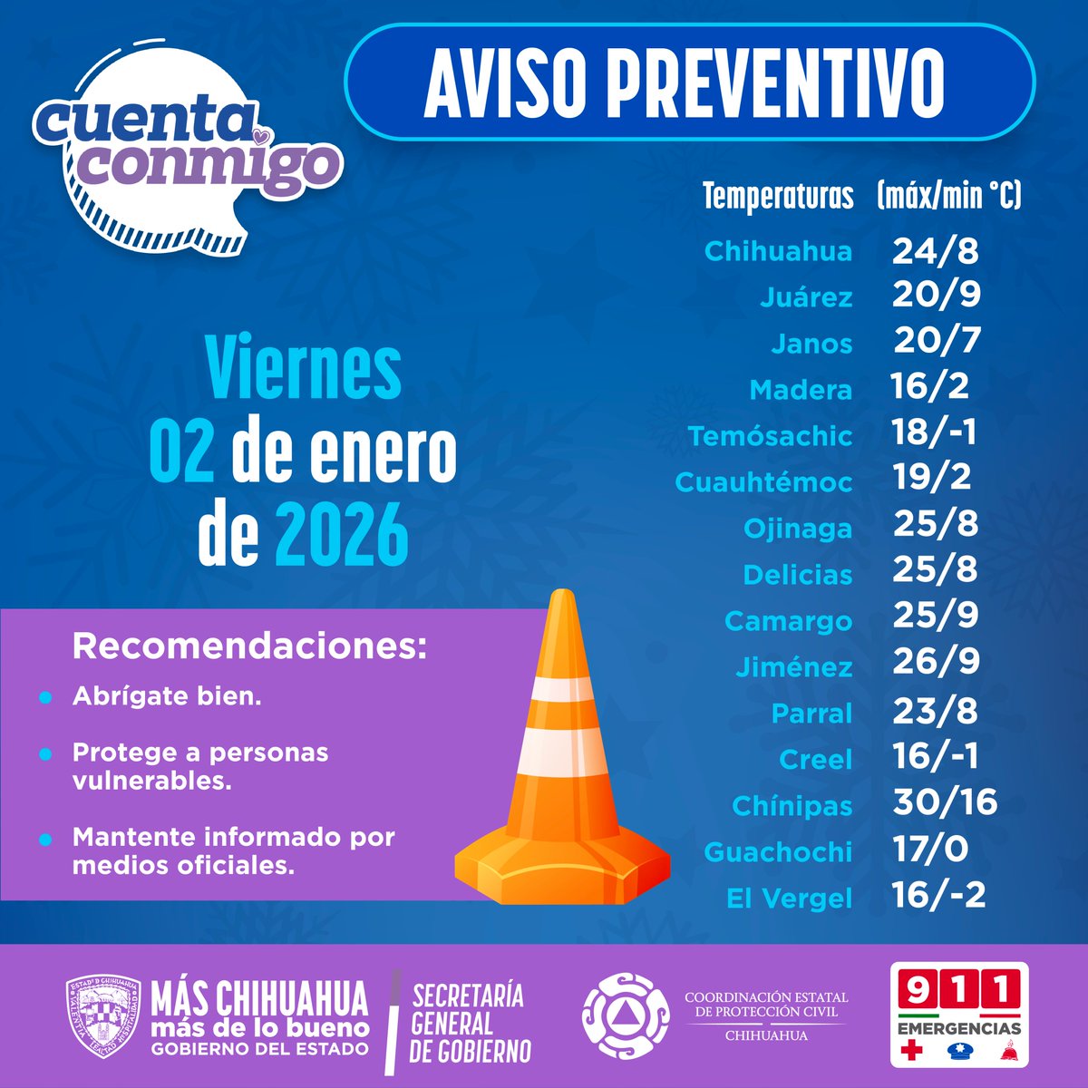 CEPC_Chih's tweet image. Viernes 2 de enero
Mañana muy fría a fría y tarde templada a cálida en el estado. En la zona serrana persistirán condiciones muy frías con heladas. Cielo despejado a parcialmente nublado.
Vientos de 10 a 20 km/h con rachas fuertes en el norte, noroeste, centro y noreste.