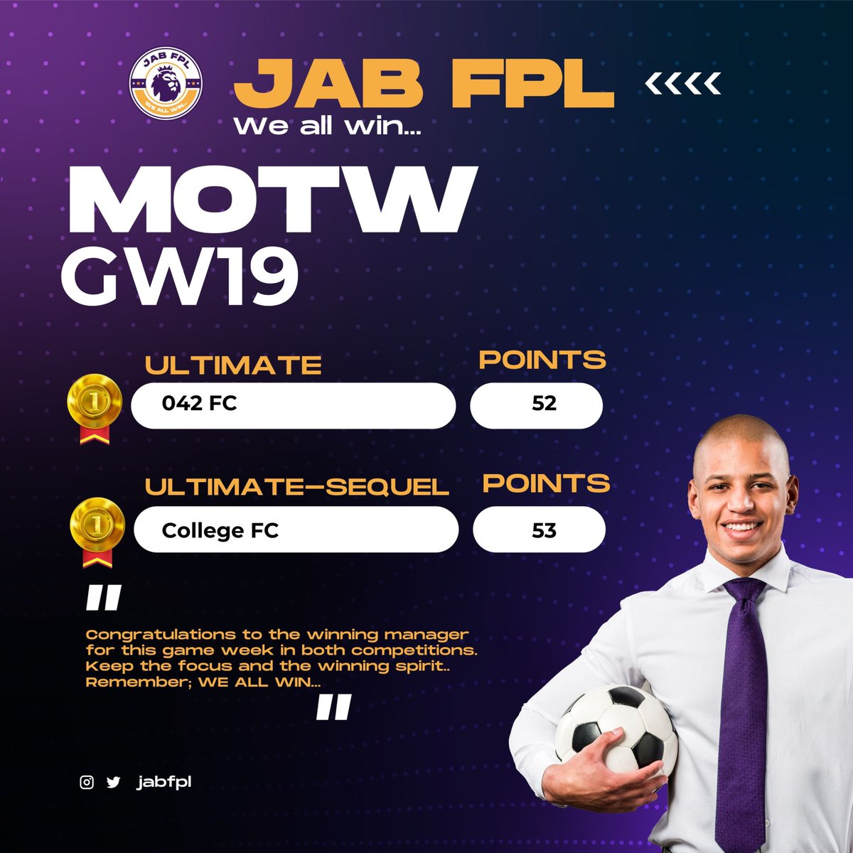 It’s the 19th Game week of the 2025/26 Season🔥

Our GW19 winners 

🌟JAB Ultimate
 🥇042 FC - N5,000

🌟 JAB Ultimate-Sequel
 🥇College FC - N5,000

🌟 JAB Classic
 🥇EL FENOMENO - ₦3,000
 🥈DOUBLE’S 11 - ₦2,000 

This season we all win🤝 

#jabfpl
#fpl