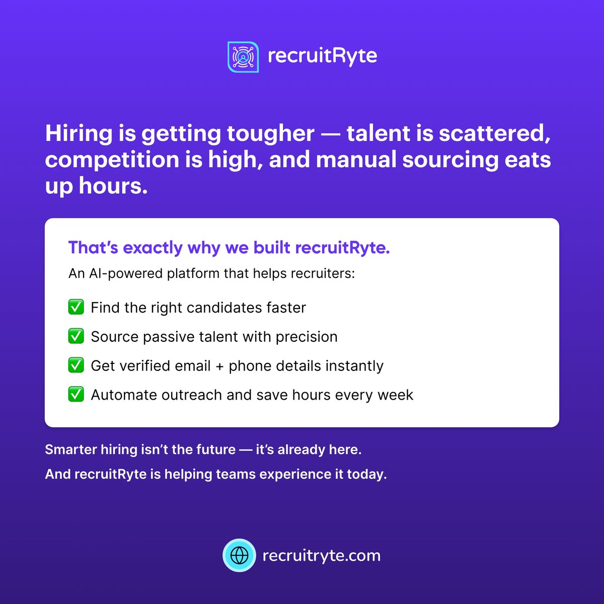 recruitRyte's tweet photo. Recruitment is evolving — and so are the tools behind it.
recruitRyte brings AI-powered sourcing and verified contact data into one platform.

#recruitRyte #SmartHiring #AIRecruitment #TalentAcquisition #RecruiterLife https://t.co/SDwK4ke6ny
