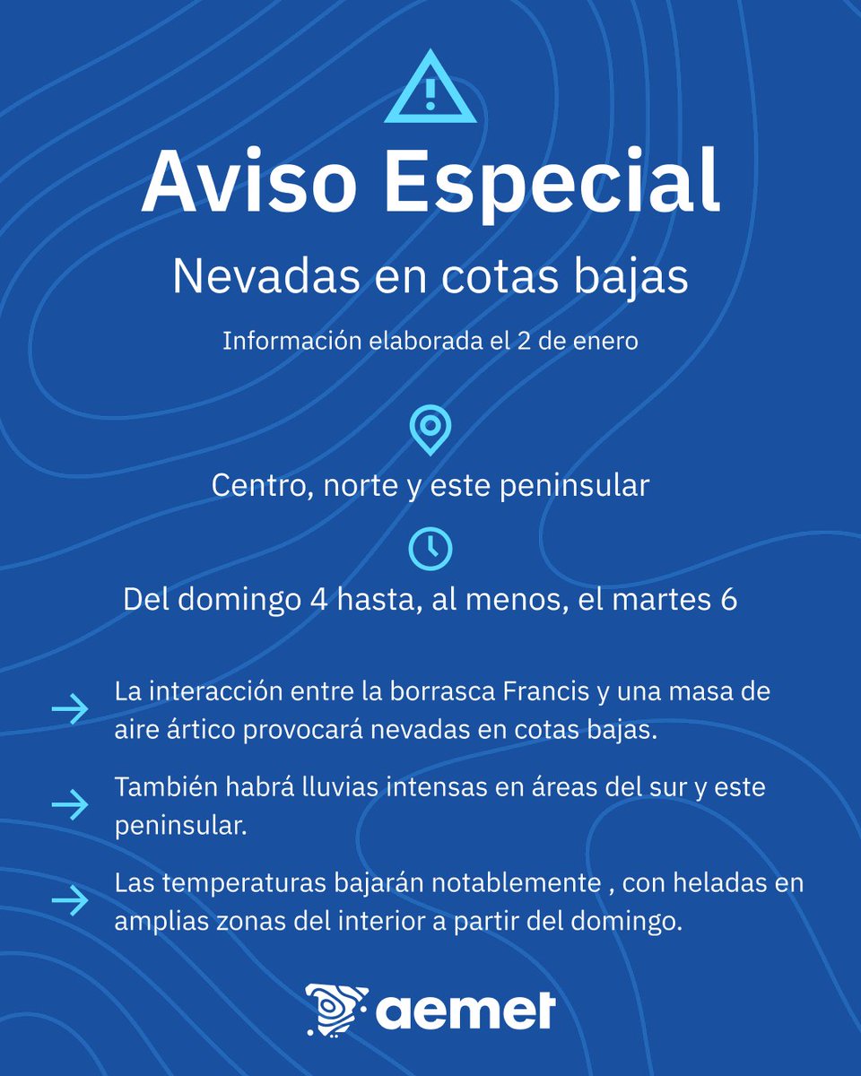 ⚠️ AVISO ESPECIAL | Nevadas en cotas bajas

❄️ Nevadas en el centro, norte y este de la Península a partir del domingo.

➡️ Nevará en zonas ampliamente pobladas y vías de comunicación importantes, aunque es difícil precisar dónde lo hará más copiosamente.

aemet.es/es/eltiempo/pr…
