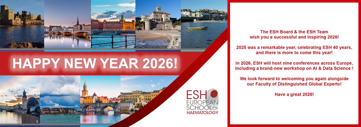 ESHaematology's tweet photo. 🎉 HAPPY NEW YEAR 2026 from the ESH board &amp; the ESH team! ✨
We look forward to welcoming you again in 2026
with our faculty of Global Experts!
9 conferences are planned this year all around Europe!
Full 2026 #ESHCONFERENCES agenda here ➡ https://t.co/Hvh0QrD4K1 https://t.co/S5eC5vUO3W